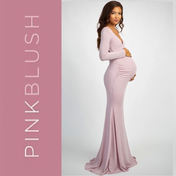 PINKBLUSH Metallic Pink Off-Shoulder Maternity Gown, Size Small, LIKE NEW - Picture 1 of 12